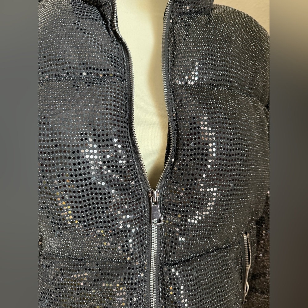 Baccini Black Sequin Textured Puffer Coat, Size Small - Picture 3 of 4